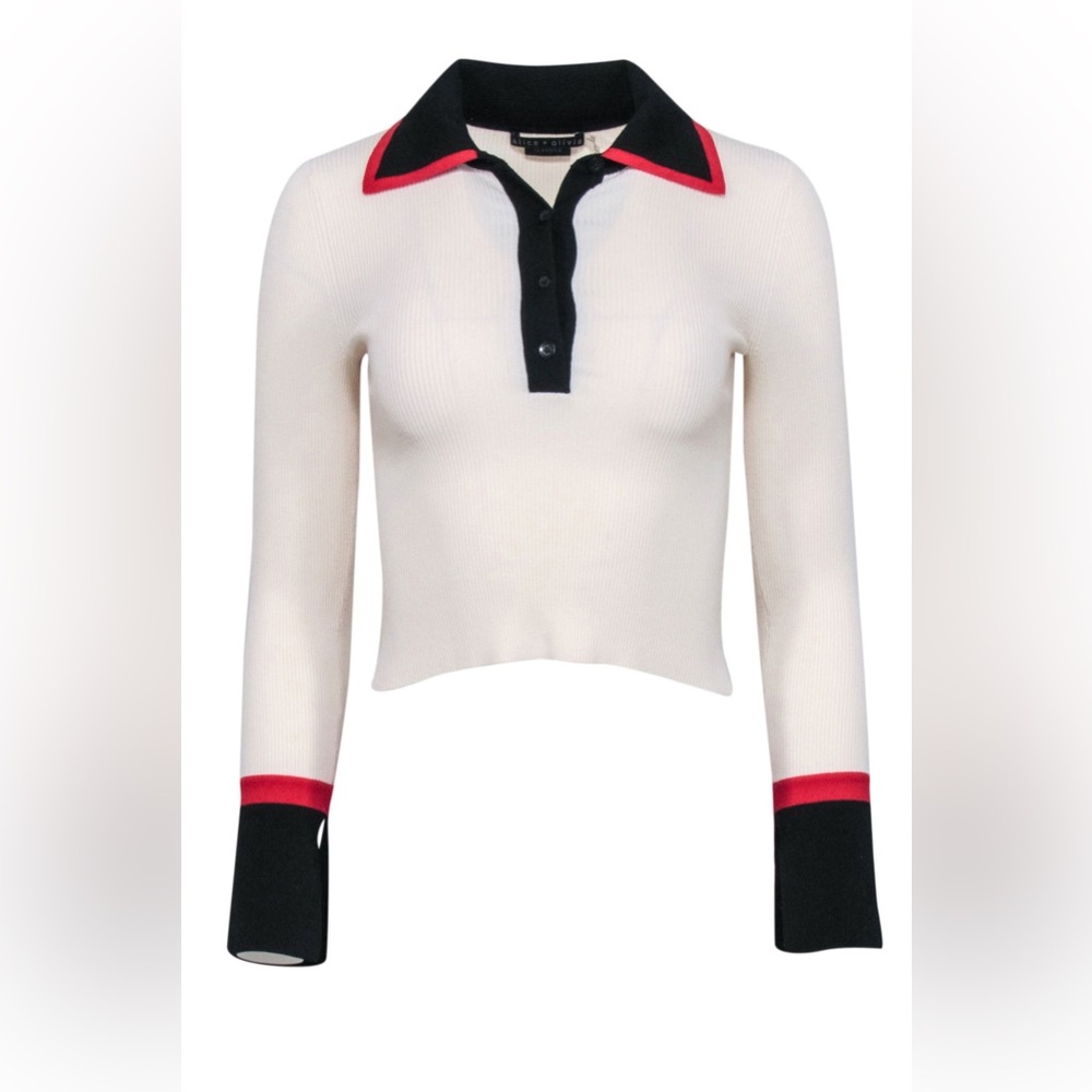Alice + Olivia  Pia Ribbed Polo Shirt Knit Top Preppy Academia Timeless